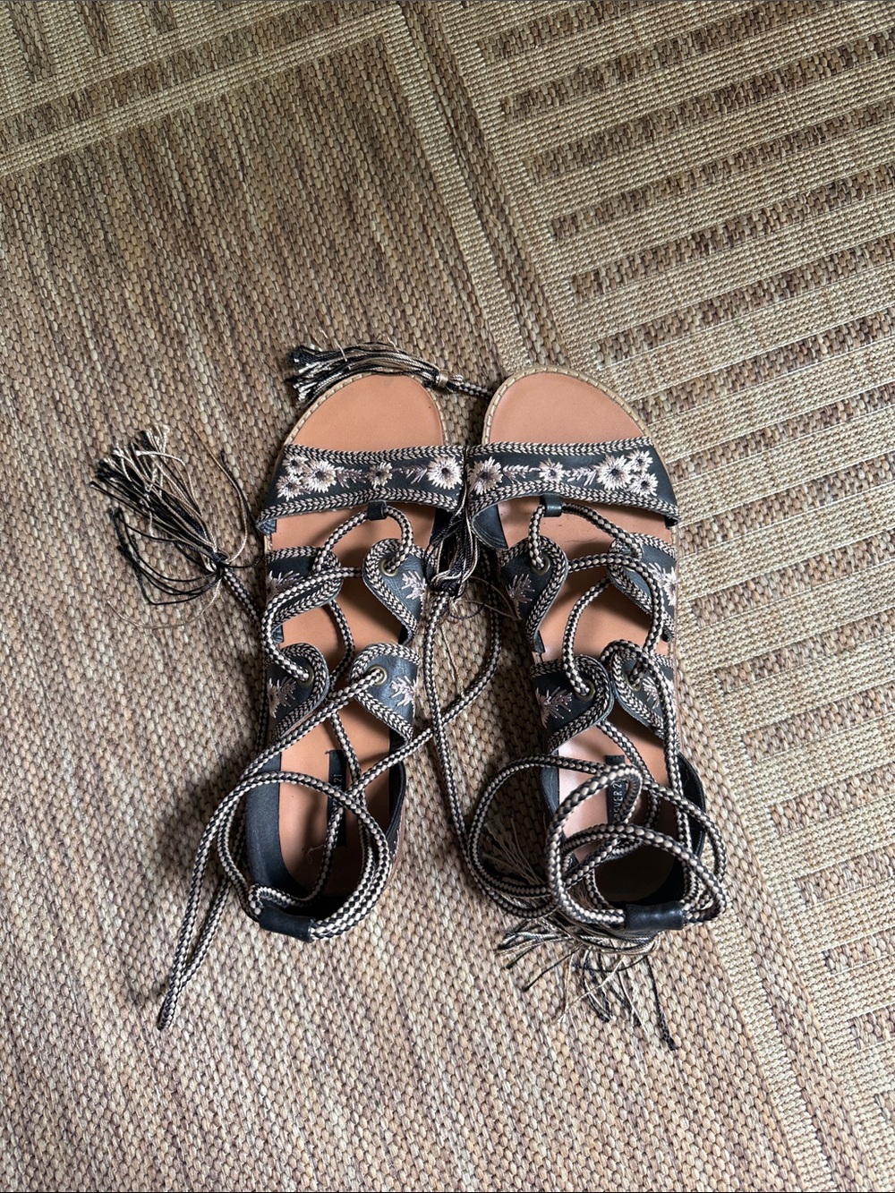 Forever 21 Black Embroidered Lace-Up Gladiator Sandals